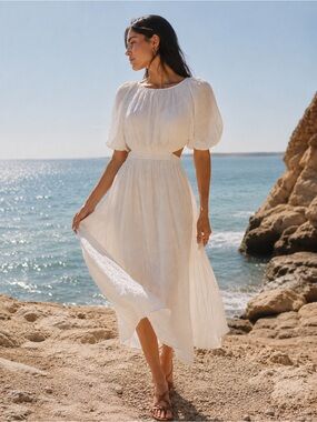 Arula White Cutout Midi Dress 1X Cottagecore Puff Sleeve Boho Summer